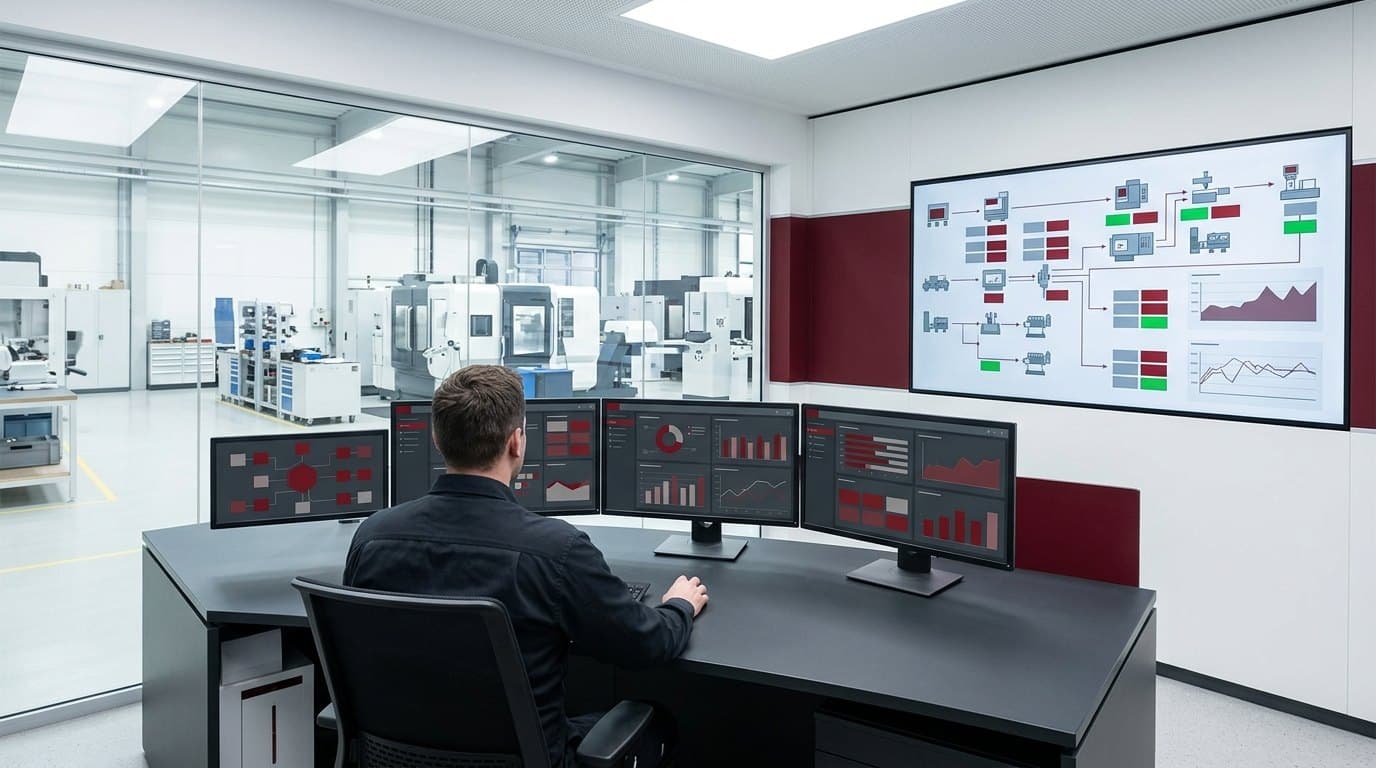 SCADA kontrol odası: duvar ekranında tesis akış şeması, operatör masasında izleme ekranları, camın ardında atölye
